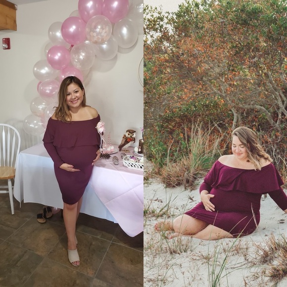 PinkBlush Maroon Burgundy Ruffle Trim Off Shoulder Fitted Maternity Dress - Picture 3 of 9